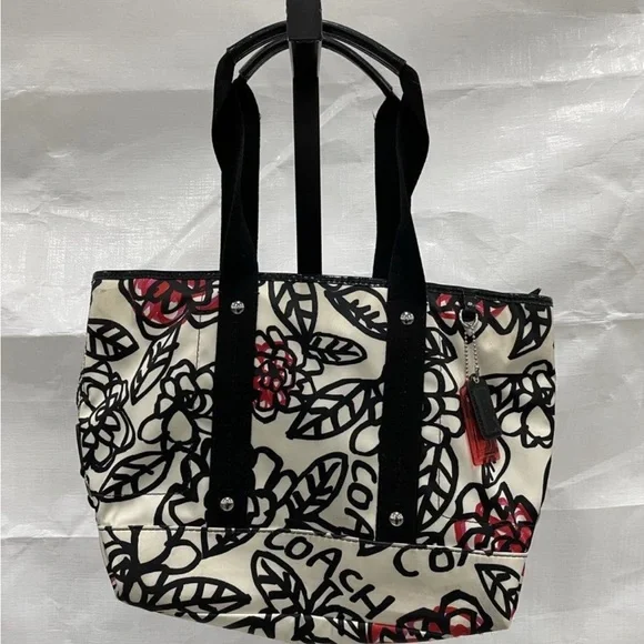 Coach Black & White Floral Satin Tote with Red Accents - Picture 10 of 12